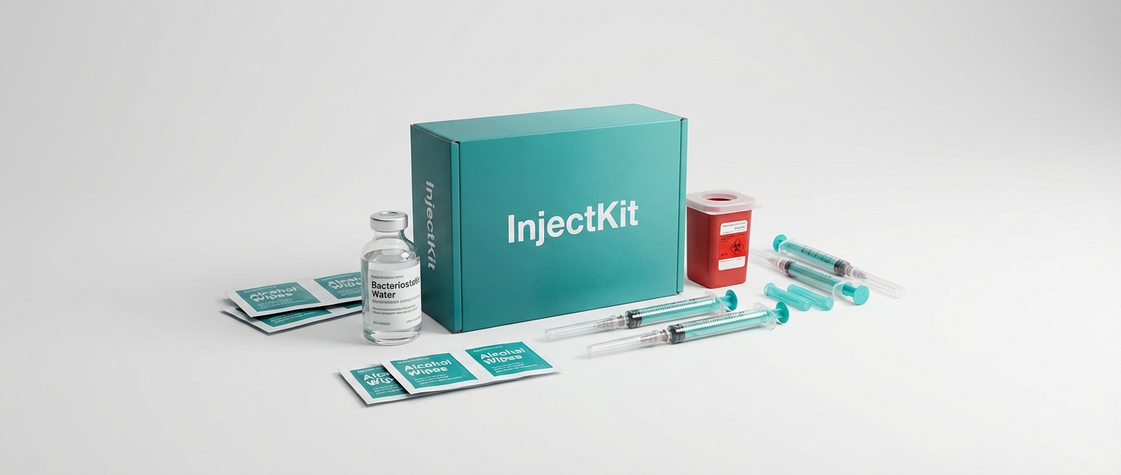 InjectKit self-injection supplies arranged on a clean surface